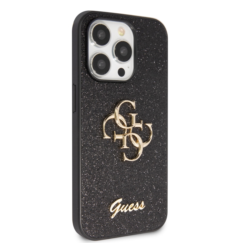 Guess PU Fixed Glitter 4G fém logó hátlap iPhone 15 Pro Max-hoz fekete