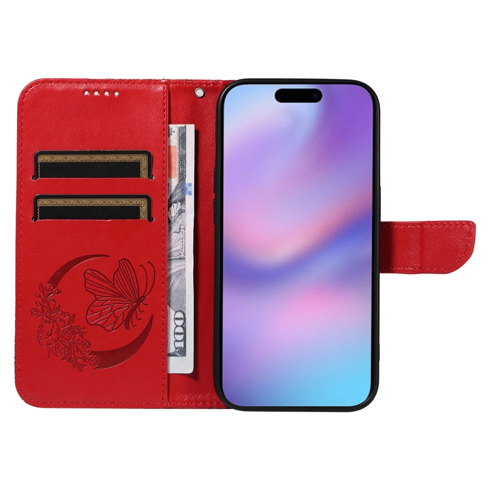 Virágos pillangó könyvtáska iPhone 17 készülékhez - piros