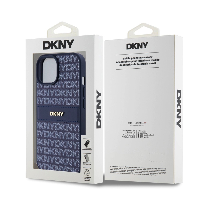 DKNY PU bőr ismétlődő mintás tonális csíkos hátlapi borító iPhone 15 kékhez