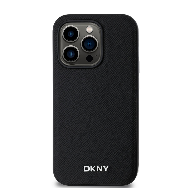 DKNY PU bőr ezüst fém logó Magsafe hátlap iPhone 14 Pro Fekete