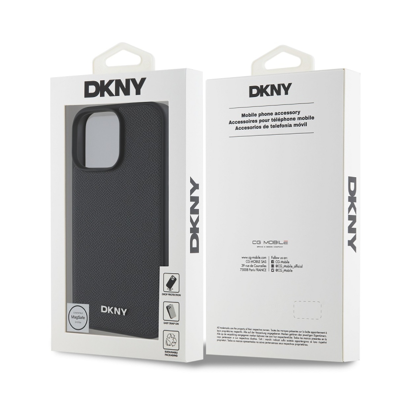 DKNY PU bőr ezüst fém logó Magsafe hátlap iPhone 16 Pro Fekete