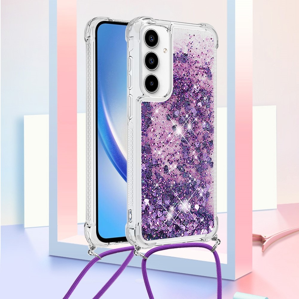 Csillogó homokóra zselés tok húzózsinórral Samsung Galaxy A36 5G - sötétlila/szív