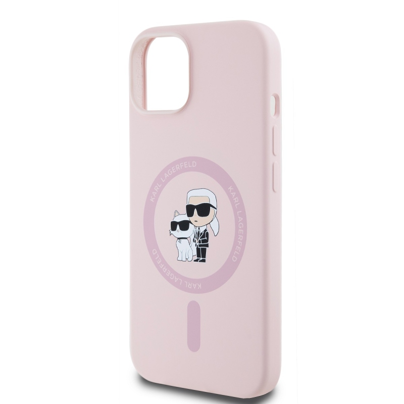 Karl Lagerfeld Folyékony szilikon Karl és Choupette Magsafe hátlap iPhone 14 rózsaszínű készülékhez