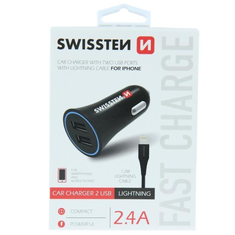 Swissten CL autós töltő adapter 2.4A 2x USB + Lightning kábel - Fekete
