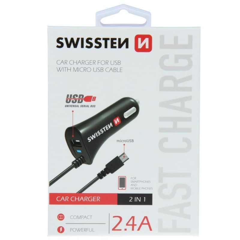 Swissten CL micro USB és USB 2.4A autós töltő - fekete