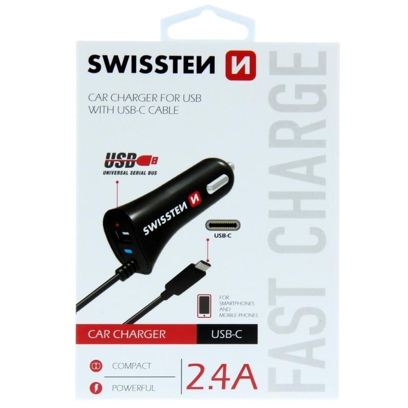 Swissten CL autós töltő adapter USB-C és USB 2.4A - Fekete