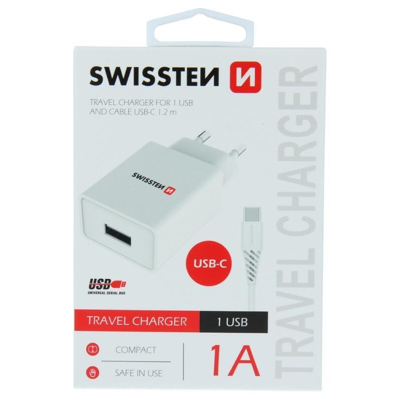 Swissten Smart IC töltő 1x USB 1A + USB/Type-C kábel 1.2m - fehér