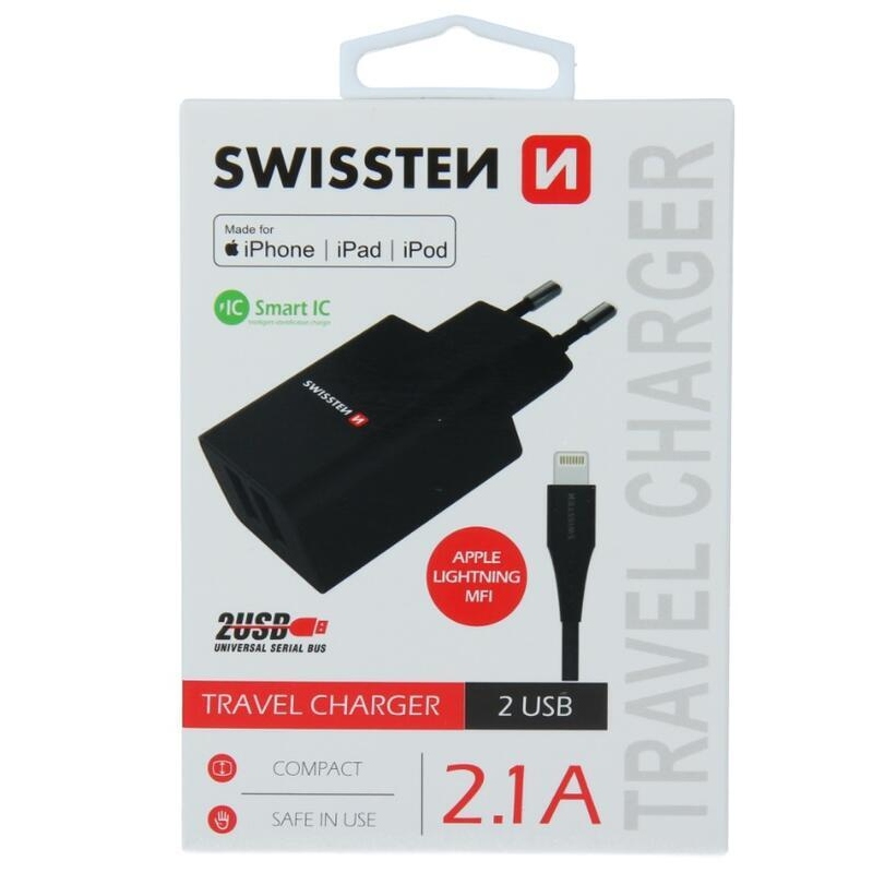 Swissten SMART IC 2.1A 2x USB + USB/Lightning MFI 1.2m kábel - fekete