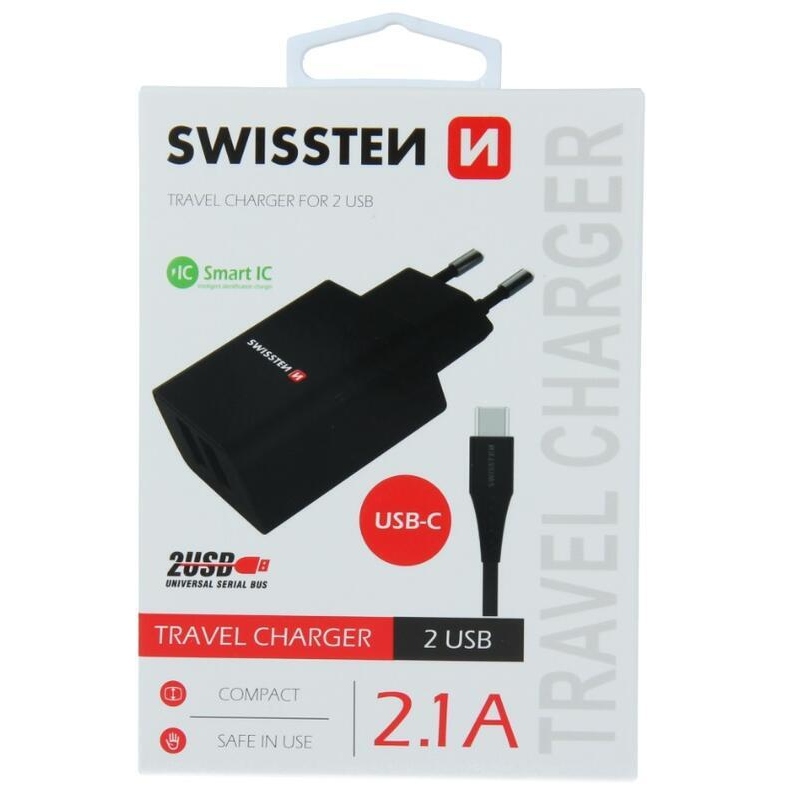 Swissten Smart IC töltő 2x USB 2.1A + USB/Type-C kábel 1.2m - fekete