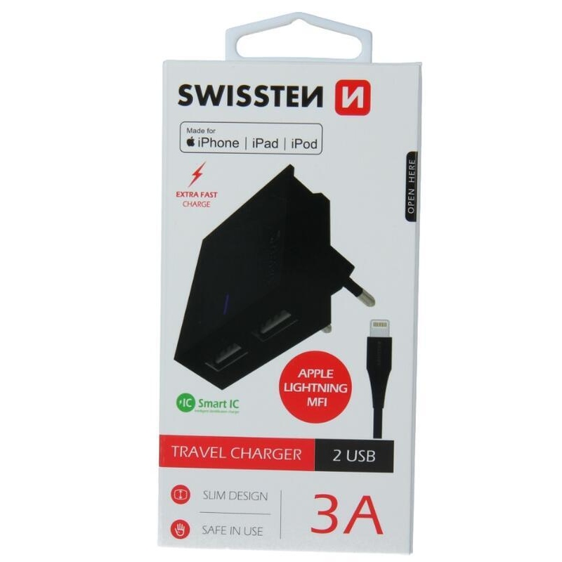 Töltő Swissten SMART IC 3A 3A 2x USB + USB/Lightning kábel MFI 1,2m - fekete