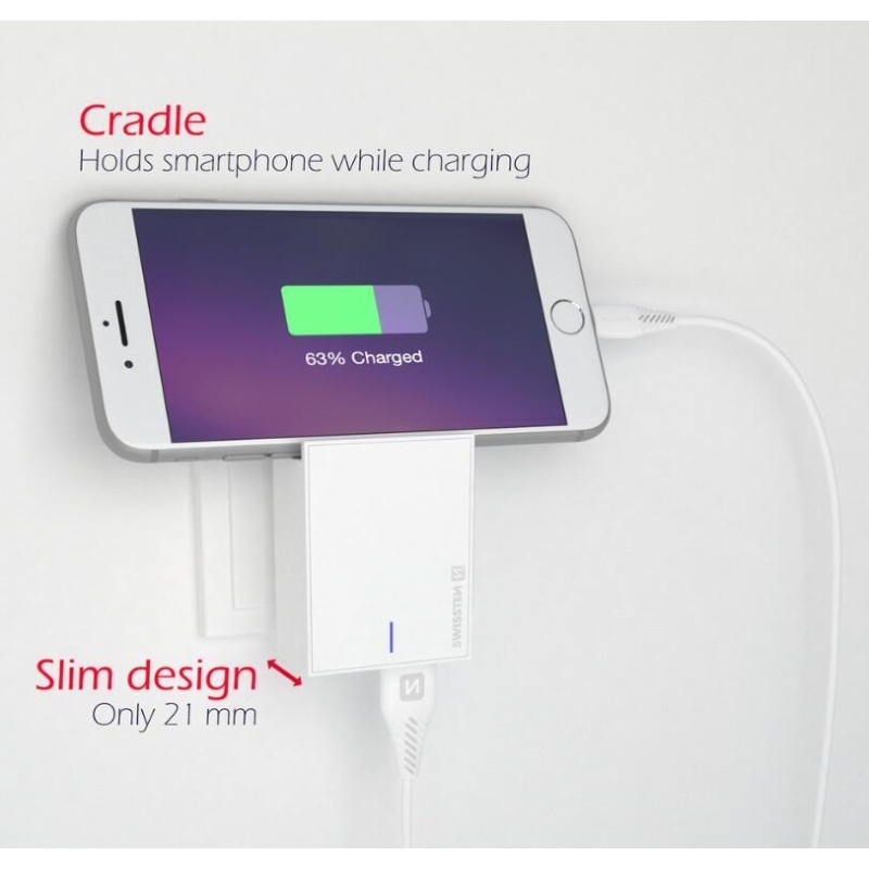 Töltő Swissten SMART IC 3A 3A 2x USB + USB/Type C kábel 1,2m - fehér