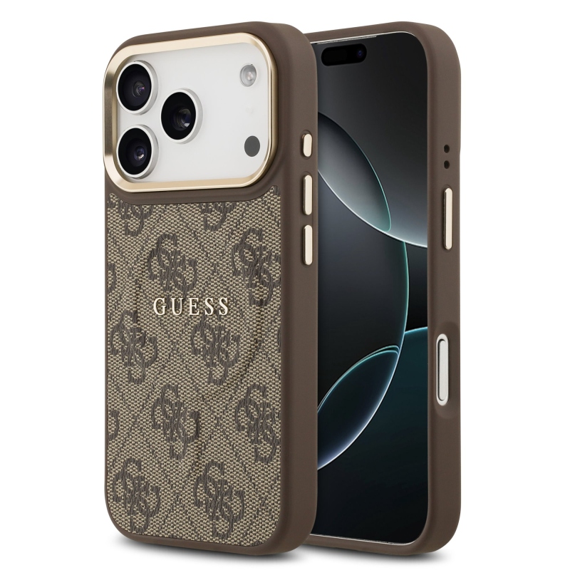 Guess PU bőr 4G aranykeret MagSafe hátlap iPhone 17 Pro barna színű borítóhoz
