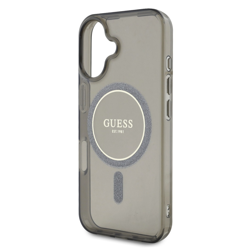 Guess IML Glitter Ring MagSafe hátlap iPhone 16-hoz Fekete