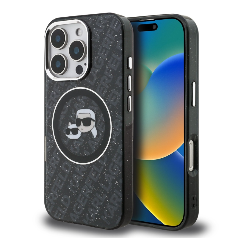 Karl Lagerfeld IML K&CH Heads Ismételt logó MagSafe hátlapi borító iPhone 16 Pro-hoz Fekete
