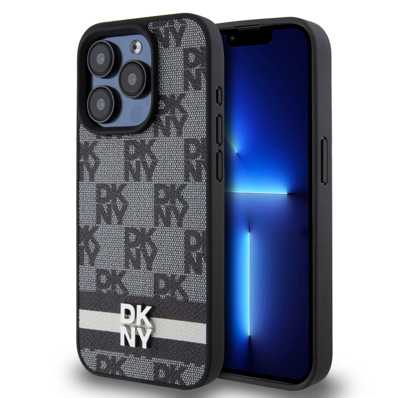 DKNY PU bőr kockás mintás és csíkos hátlapi borító iPhone 13 Pro Max-hoz Fekete