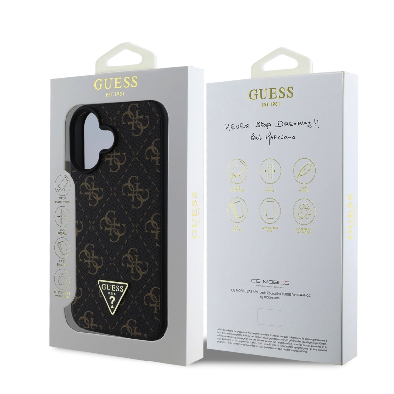 Guess PU bőr 4G háromszög fém logó hátlap iPhone 16 fekete