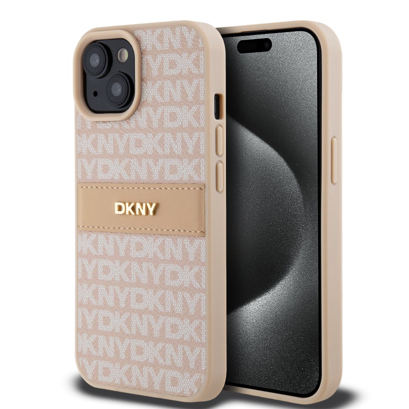 DKNY PU bőr ismétlődő mintás tonális csíkos hátlap iPhone 15 rózsaszínhez