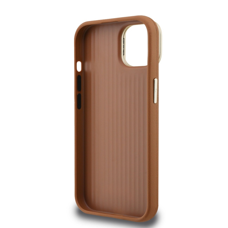 Guess PU szemcsés 4G Logo Stand Kamera keret hátlapi borító iPhone 15-hez Barna barna