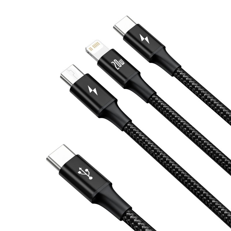 Baseus Rapid Series 3in1 gyors töltő adatkábel USB-C - USB-C/Lighting/MicroUSB 20W 1.5m Fekete