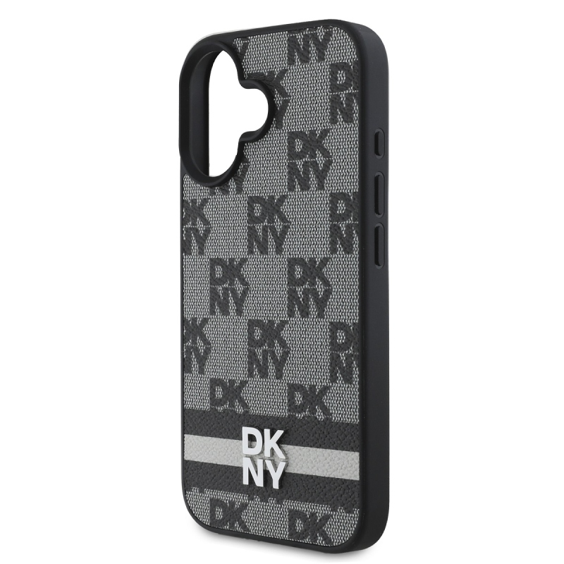 DKNY PU bőrből készült kockás mintás és csíkos hátlapi borító iPhone 16-hoz Fekete