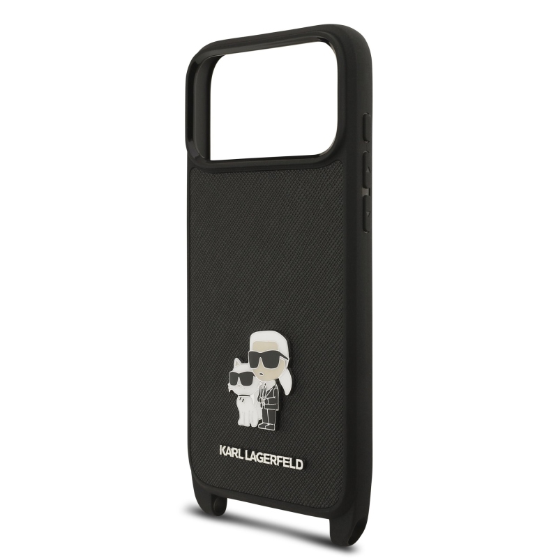 Karl Lagerfeld Saffiano Crossbody Strap Metal Karl és Choupette hátlapi borító iPhone 17 Pro Max-hoz Fekete