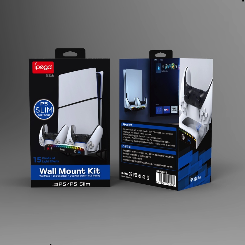 iPega P5S011 fali tartó PS5/PS5 Slim PS5 vezérlőhöz kettős töltő dokkolóval