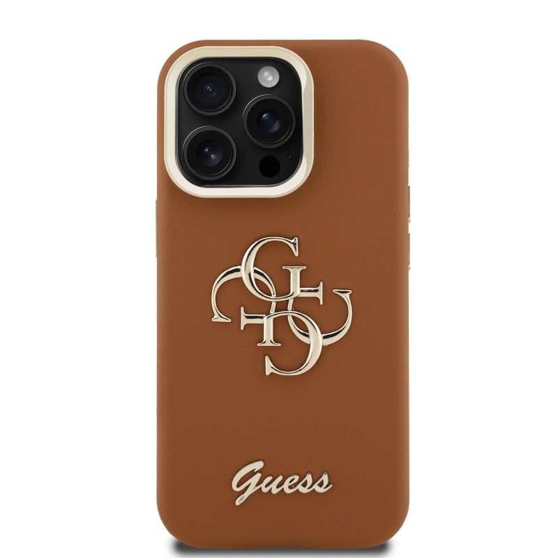 Guess PU szemcsés 4G logós állvány kamerakeret hátlap iPhone 15 Pro Max-hoz barna barna