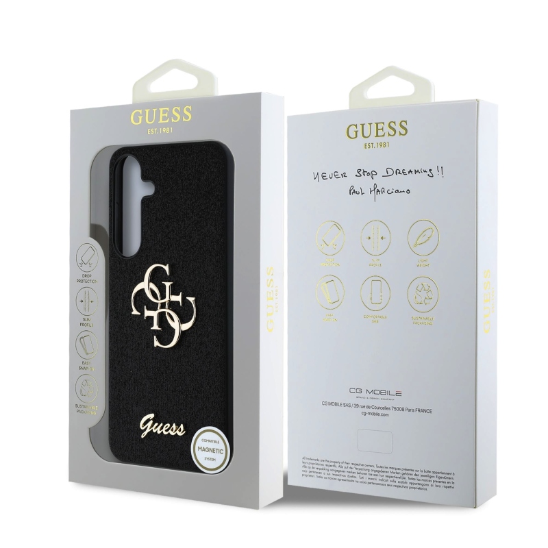 Guess PU Fixed Glitter 4G Metal Logo hátlap Samsung Galaxy S25 fekete