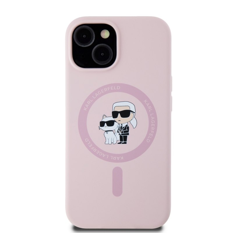 Karl Lagerfeld Folyékony szilikon Karl és Choupette Magsafe hátlap iPhone 15 rózsaszínű készülékhez