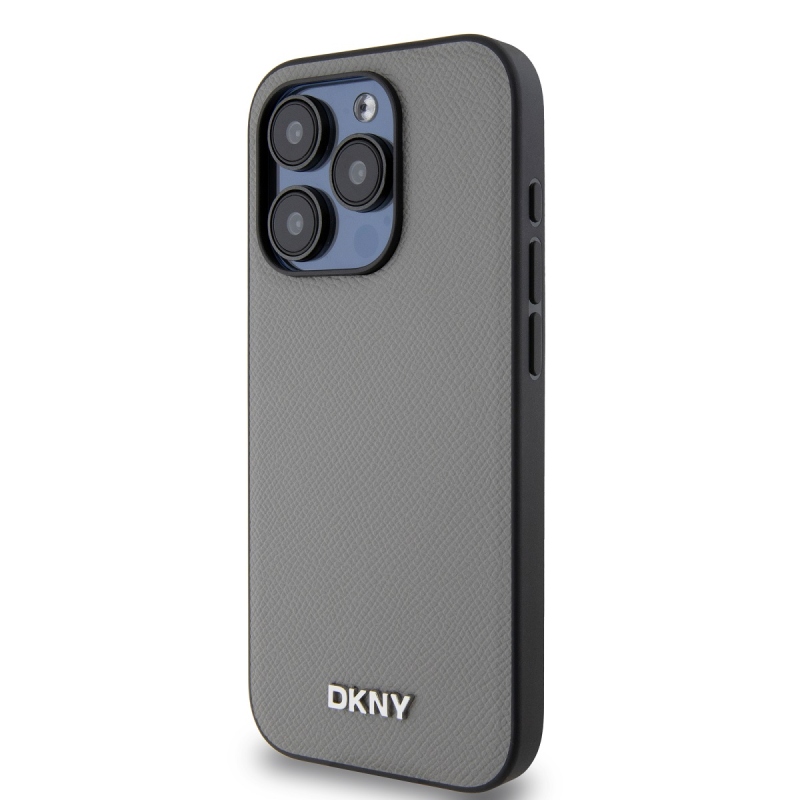 DKNY PU bőr ezüst fém logó Magsafe hátlap iPhone 14 Pro szürke szürkéhez