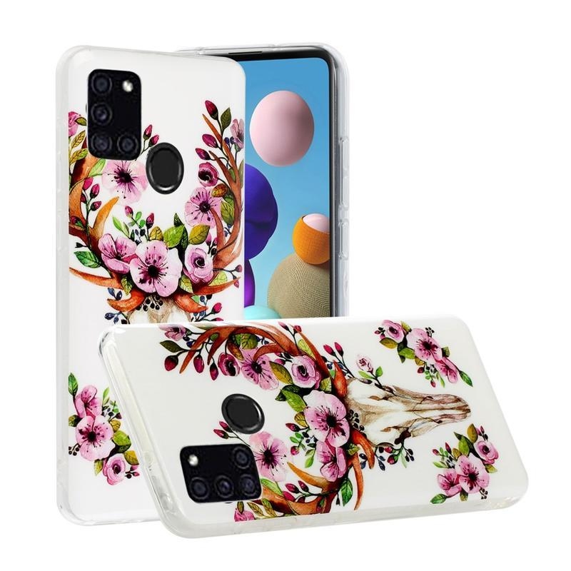 Éjjeli fényes zselés tok mobil Samsung Galaxy A21s - rénszarvas és virágok