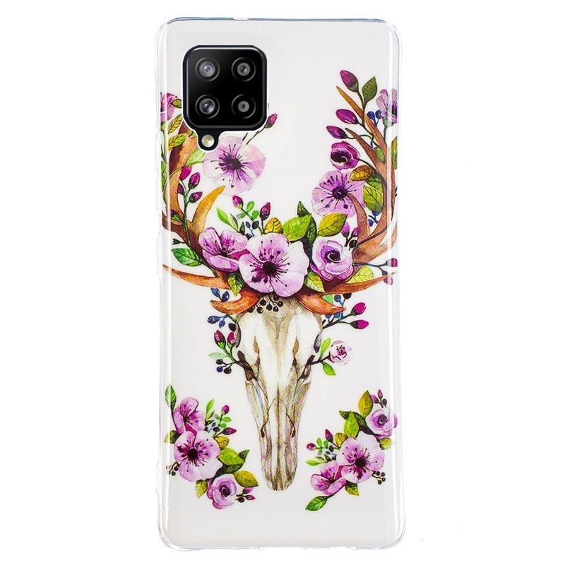 Éjjeli fényes zselés tok mobiltelefonhoz Samsung Galaxy A42 5G - virágok és koponya rénszarvasok