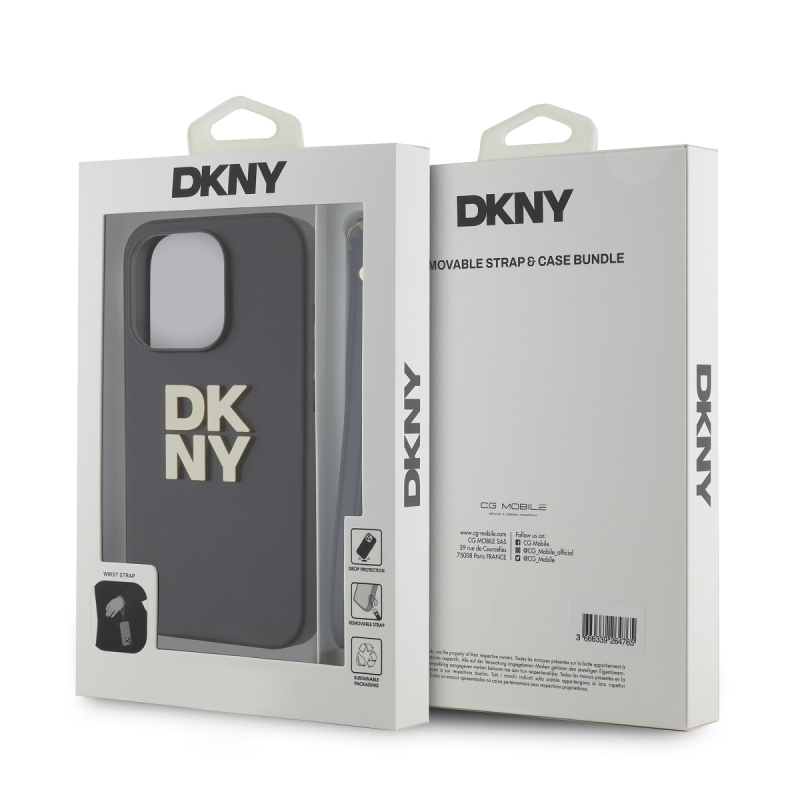DKNY PU bőr Stack Logo csuklópánt hátlapi borító iPhone 14 Pro Fekete