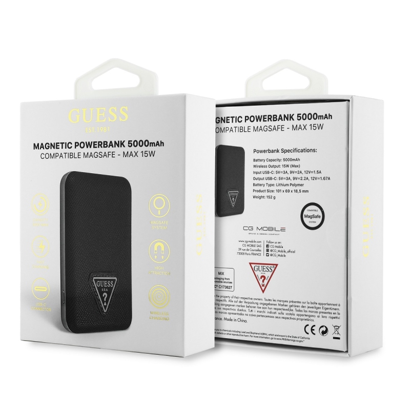 Guess PU szemcsés háromszög logóval MagSafe Powerbank 5000mAh fekete