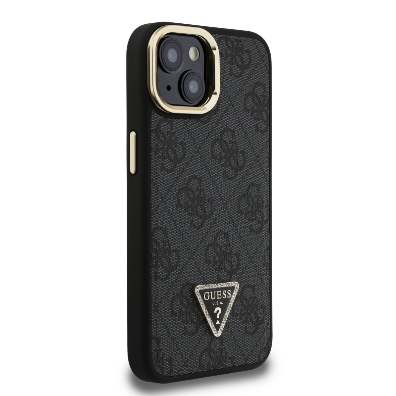 Guess PU 4G Strass háromszög logó állvány kamerakeret MagSafe hátlapi borító iPhone 13-hoz Fekete