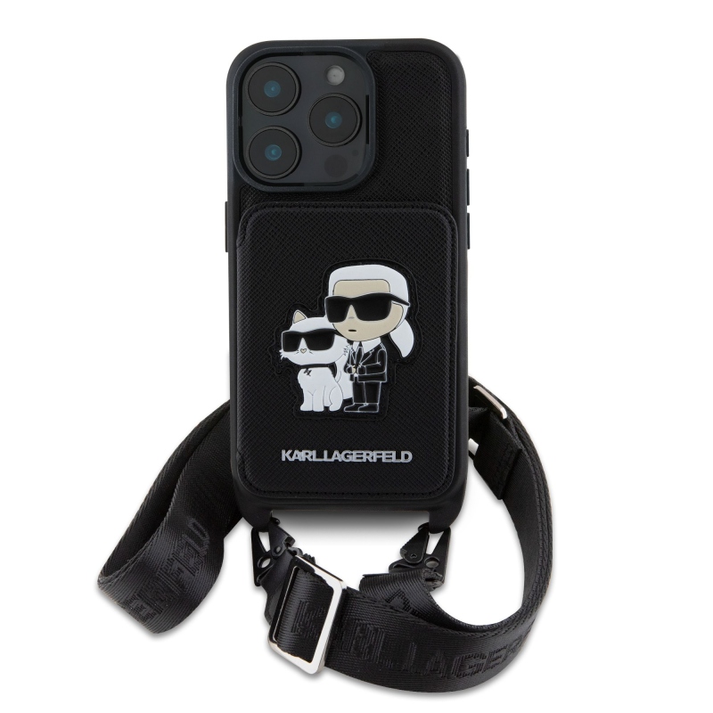 Karl Lagerfeld Saffiano Crossbody Strap Karl és Choupette borító iPhone 16 Pro-hoz Fekete