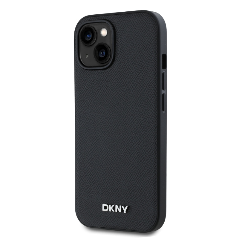 DKNY PU bőr ezüst fém logó Magsafe hátlap iPhone 15 Fekete