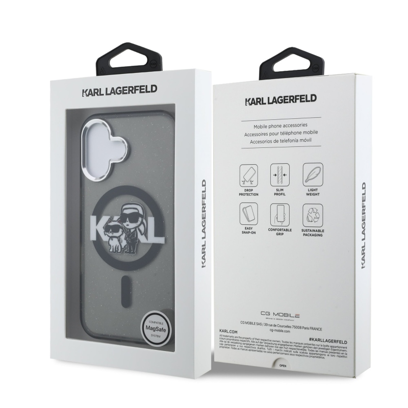 Karl Lagerfeld IML Glitter Karl és Choupette Sketch MagSafe hátlapi borító iPhone 16-hoz Fekete