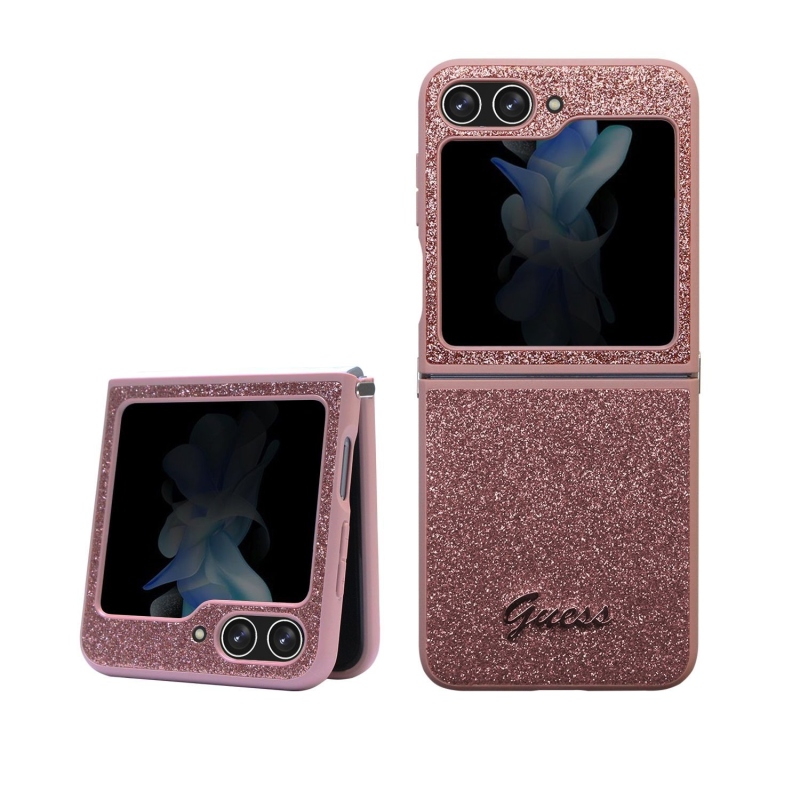 Guess PC/TPU Glitter Flakes Metal Logo hátlap Samsung Galaxy Z Flip 5 rózsaszínű borítóhoz
