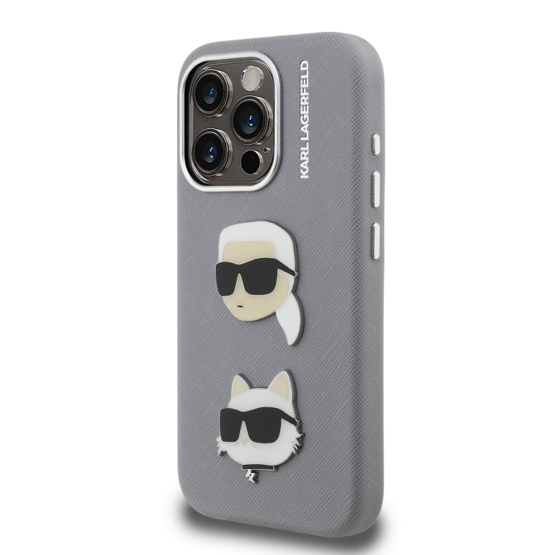 Karl Lagerfeld szemcsés PU K&CH Heads hátlap iPhone 15 Pro Max szürke