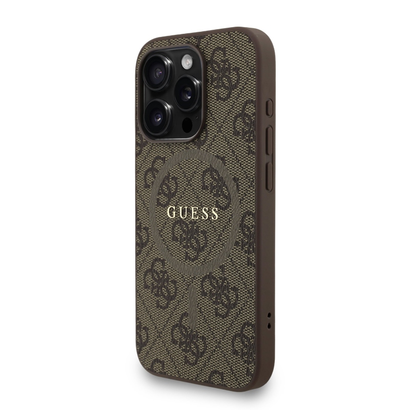Guess PU bőr 4G színes gyűrűs pánt MagSafe hátsó borító iPhone 15 Pro barna színhez