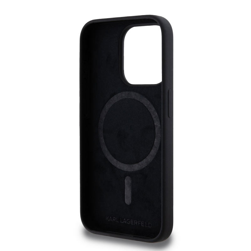 Karl Lagerfeld folyékony szilikon Karl és Choupette Magsafe hátlap iPhone 15 Pro fekete színűre