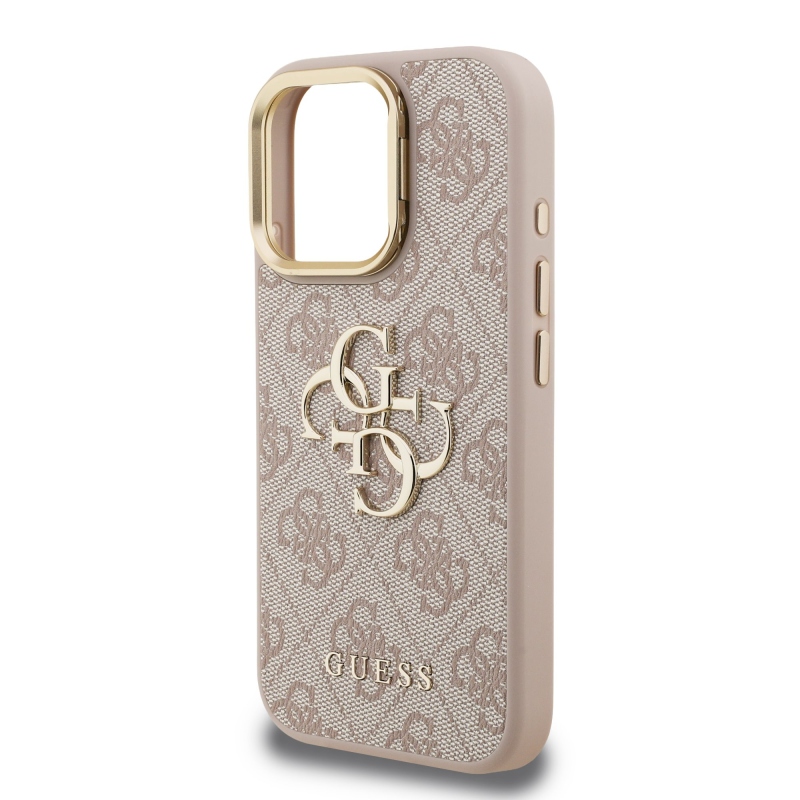 Guess PU 4G fém logó állvány kamera keret hátlap iPhone 15 Pro Max rózsaszínű borítóhoz