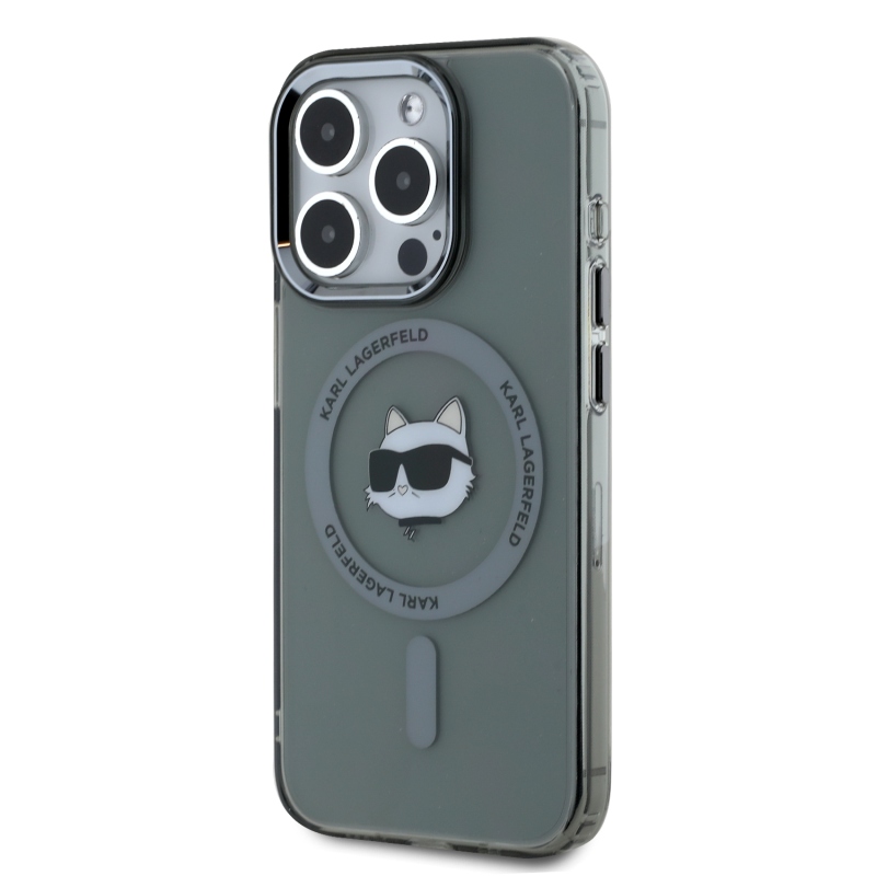 Karl Lagerfeld IML Choupette Head fémkeret MagSafe hátlapi borító iPhone 15 Pro Max-hoz Fekete