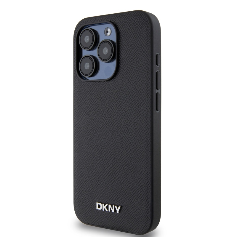 DKNY PU bőr ezüst fém logó Magsafe hátlap iPhone 15 Pro Fekete