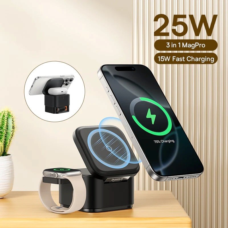 Baseus MagPro 3in1 mágneses vezeték nélküli töltő 25W Cosmic Black