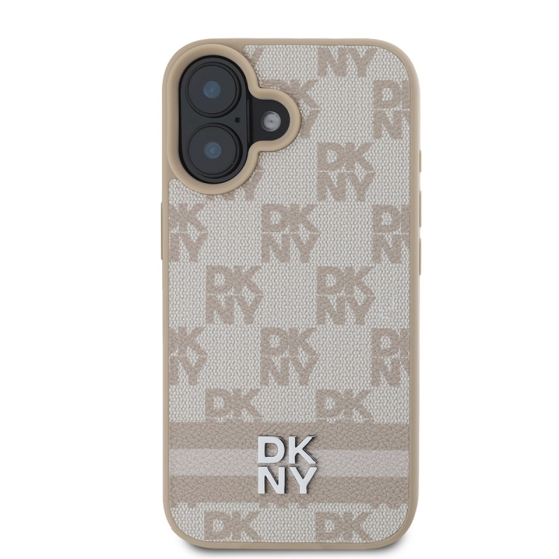 DKNY PU bőr kockás mintás és csíkos hátlapi borító iPhone 16 rózsaszínhez