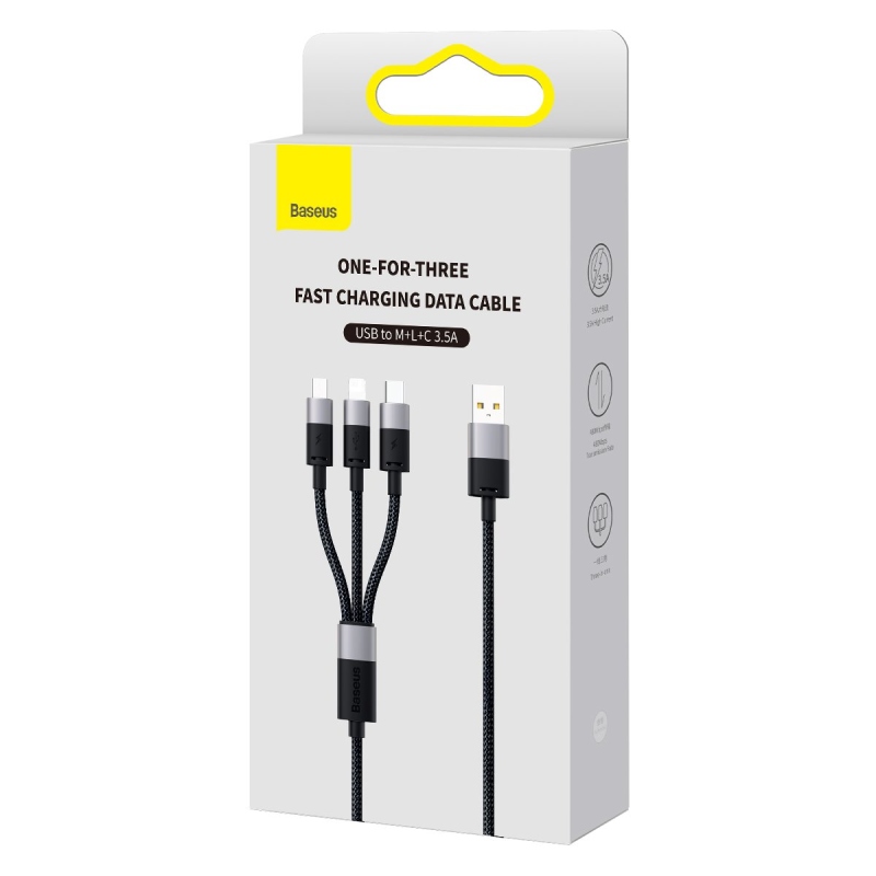 Baseus StarSpeed 3in1 gyors töltő adatkábel USB-A - USB-C/Lighting/MicroUSB 20W 3.5A 1.2m Fekete