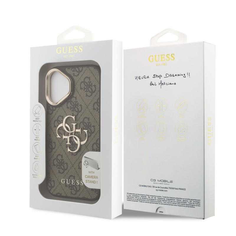 Guess PU 4G fém logó állvány kamera keret hátlap iPhone 16 barna barna
