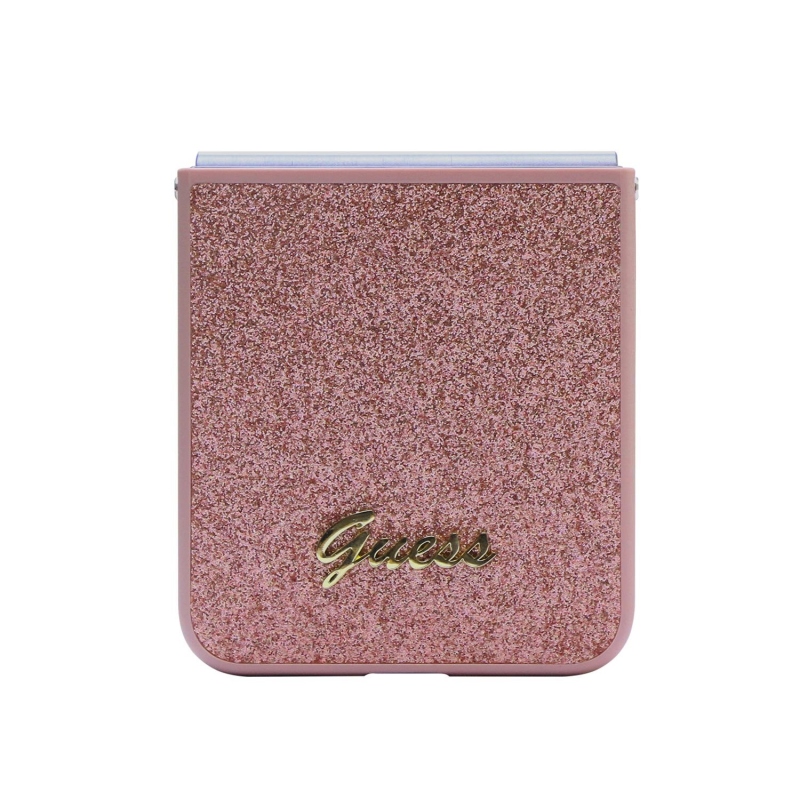 Guess PC/TPU Glitter Flakes Metal Logo hátlap Samsung Galaxy Z Flip 5 rózsaszínű borítóhoz